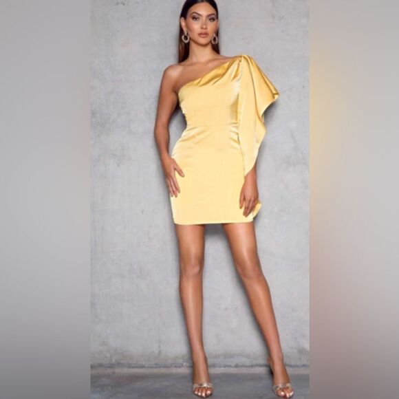 Elle Zeitoune One Shoulder Yellow Mini Dress Size Large - Picture 2 of 8